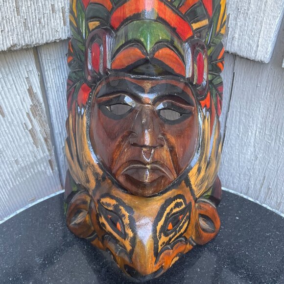 Warrior Chief Totem Mayan Aztec Face Mask Hand Carved Wooden Painted - Picture 2 of 6